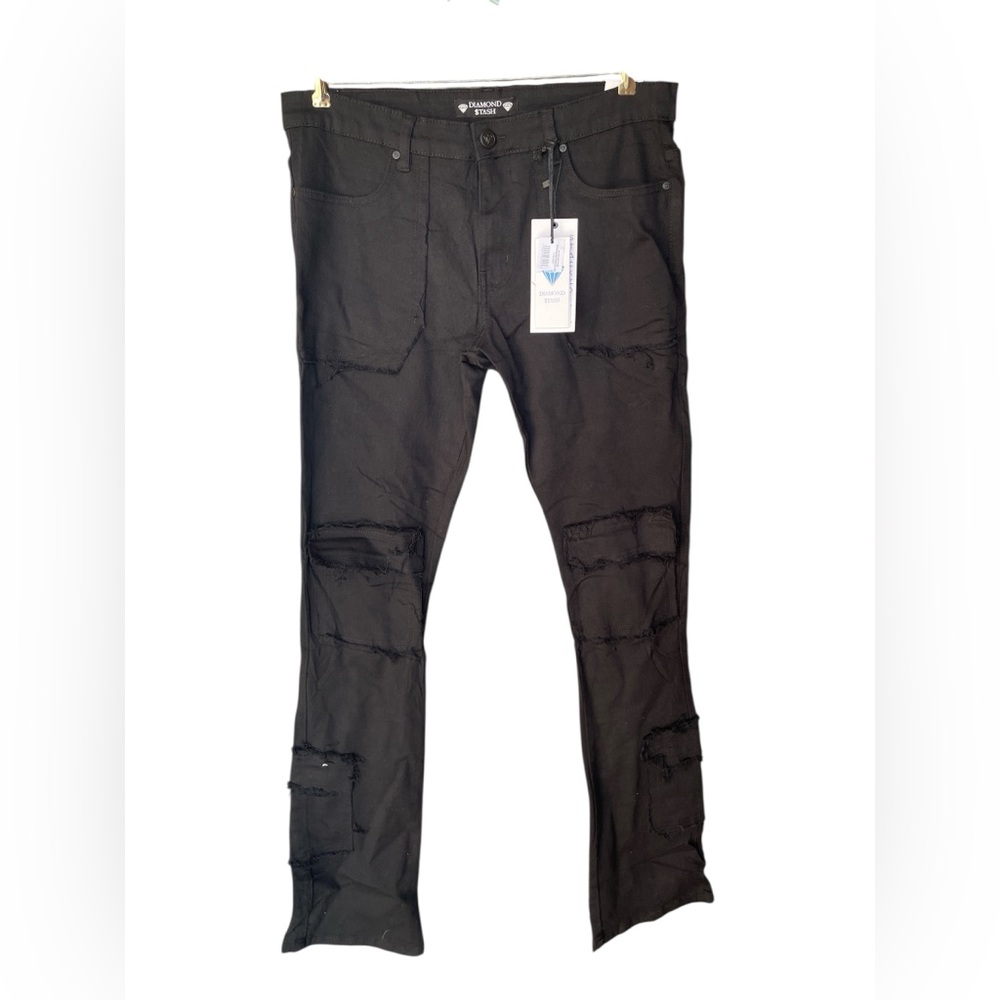 Diamond Stash Black Straight Jeans w/ Edgy Distressed Design & Stacked Fit